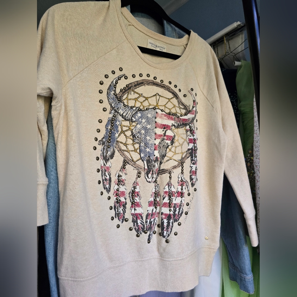 Ralph Lauren Americana Beige Sweater Top Cow Skull And Dreamcatcher Large